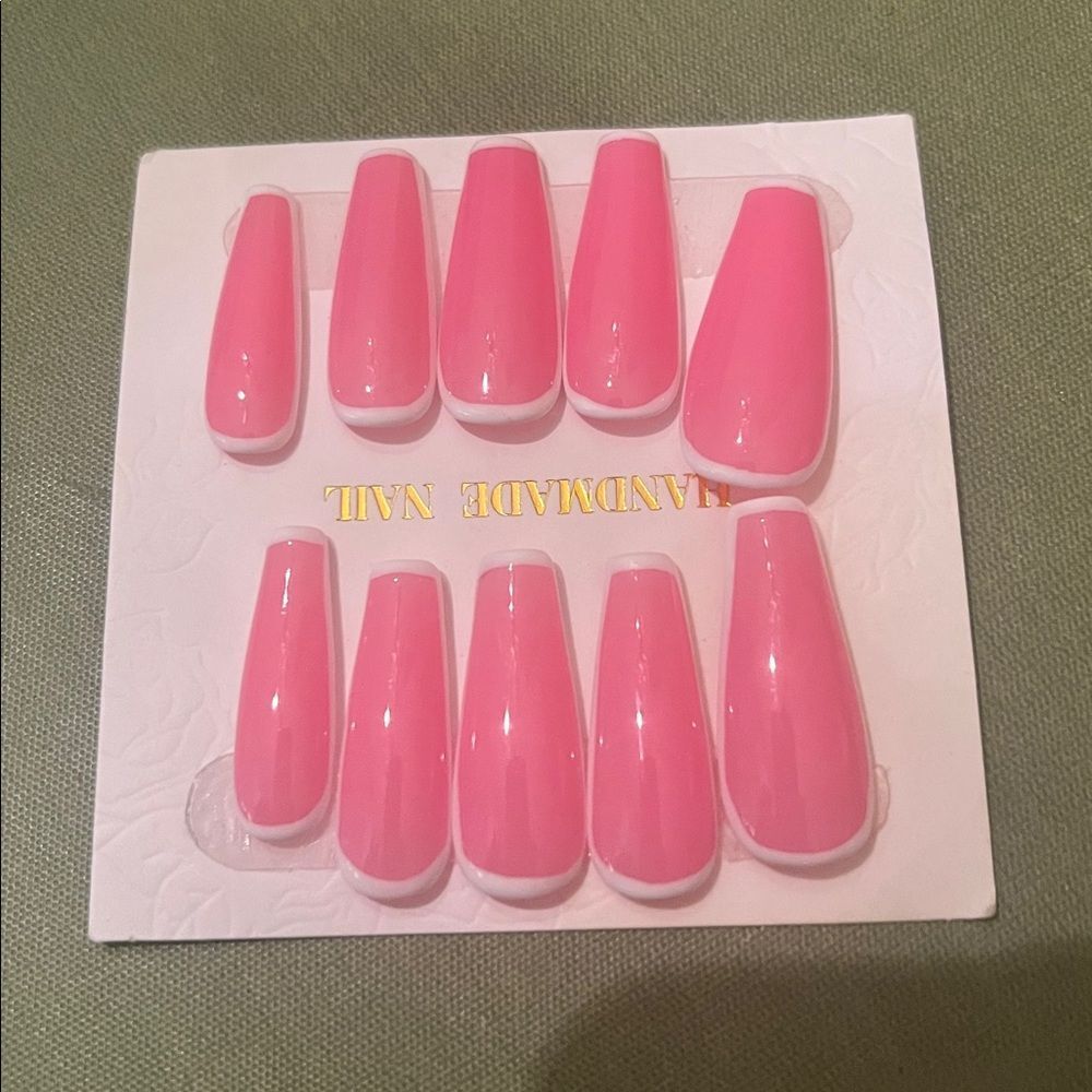Pink White French Coffin Long Press On Nails